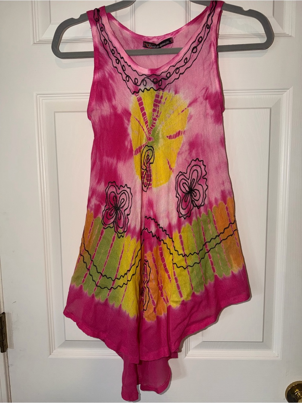 Just Be Gauze Pink & Yellow Tie Dye Embroidered Tunic Coverup Boho Sz M NWT